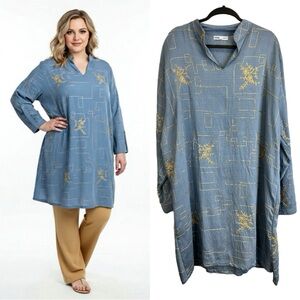 Plus Size Boho Embroidered Blue Gold Geometric Patterned Tunic Dress Festival 4X